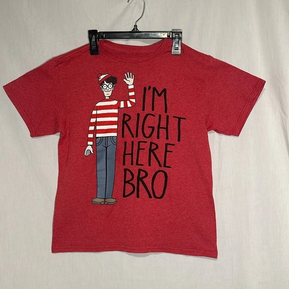 kids red Where's Waldo "im right here bro" graphic tshirt size xl - Picture 1 of 3